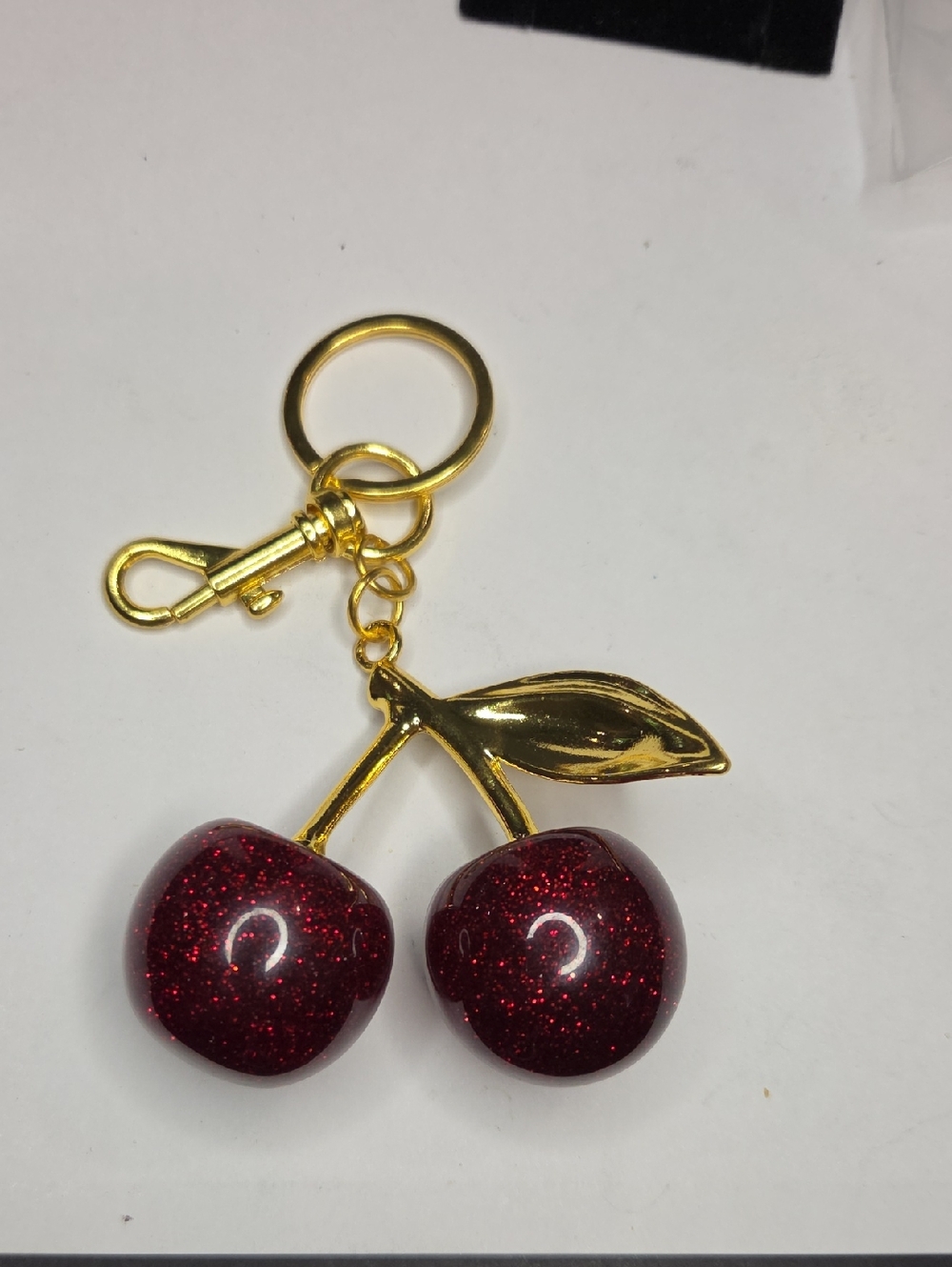 Gold Cherry Keychain - Red Glitter Charm